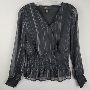 Japna Smocked Top - Black And Silver Peplum Sheer Sleevss Sz Medium